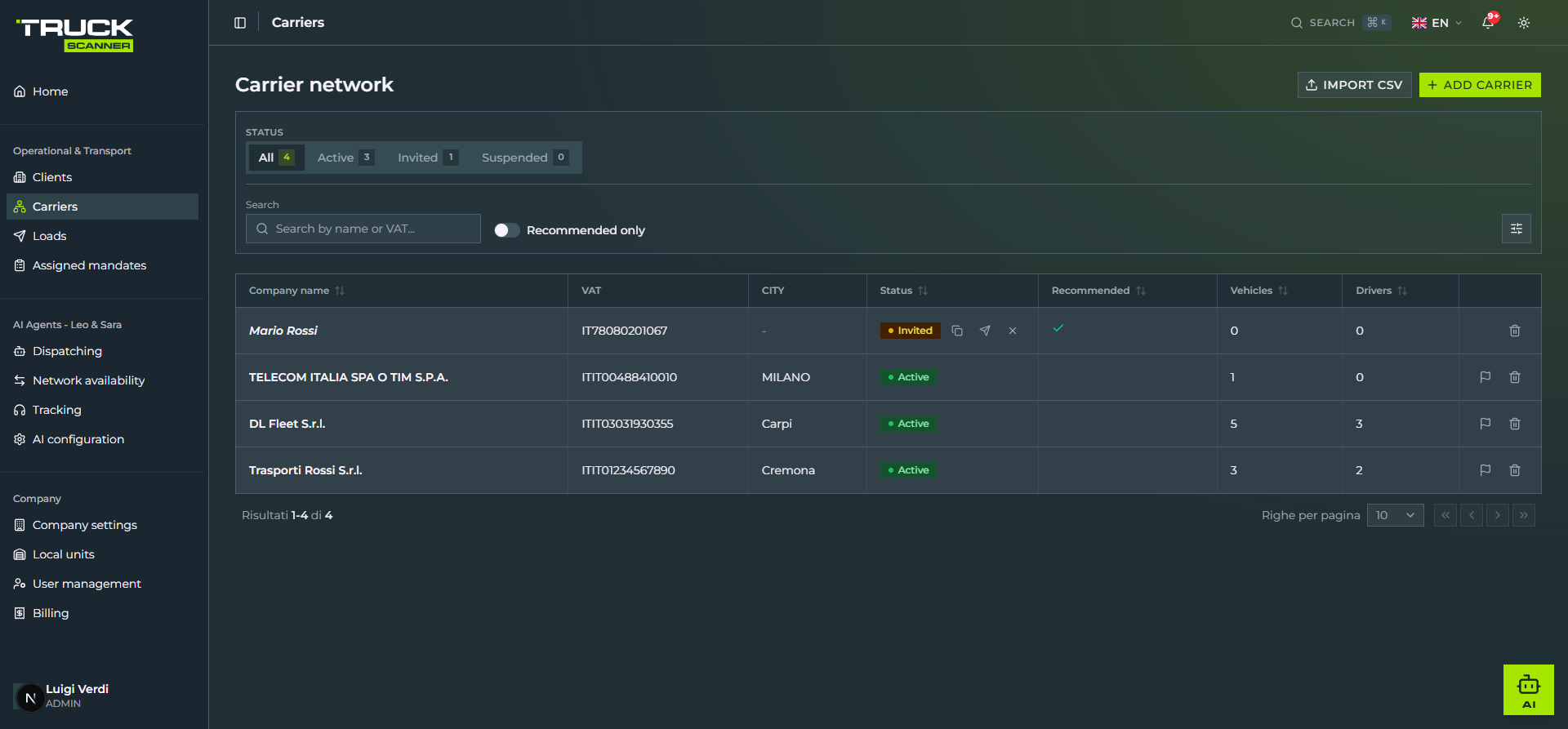 The «Carrier network» page with the «Invited» tab active and one row in «Invited» status: next to the amber «Invited» badge, three icons in sequence — copy icon (Copy invitation link), paper plane icon (Resend invitation), and X icon (Remove carrier); the row also shows the green tick in the Recommended column