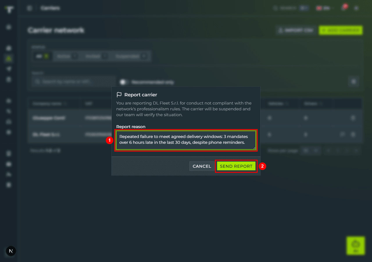 The «Report carrier» dialog for «DL Fleet S.r.l.»: the «Report reason» field filled in with the detail of the delays, and the lime «SEND REPORT» button at the bottom