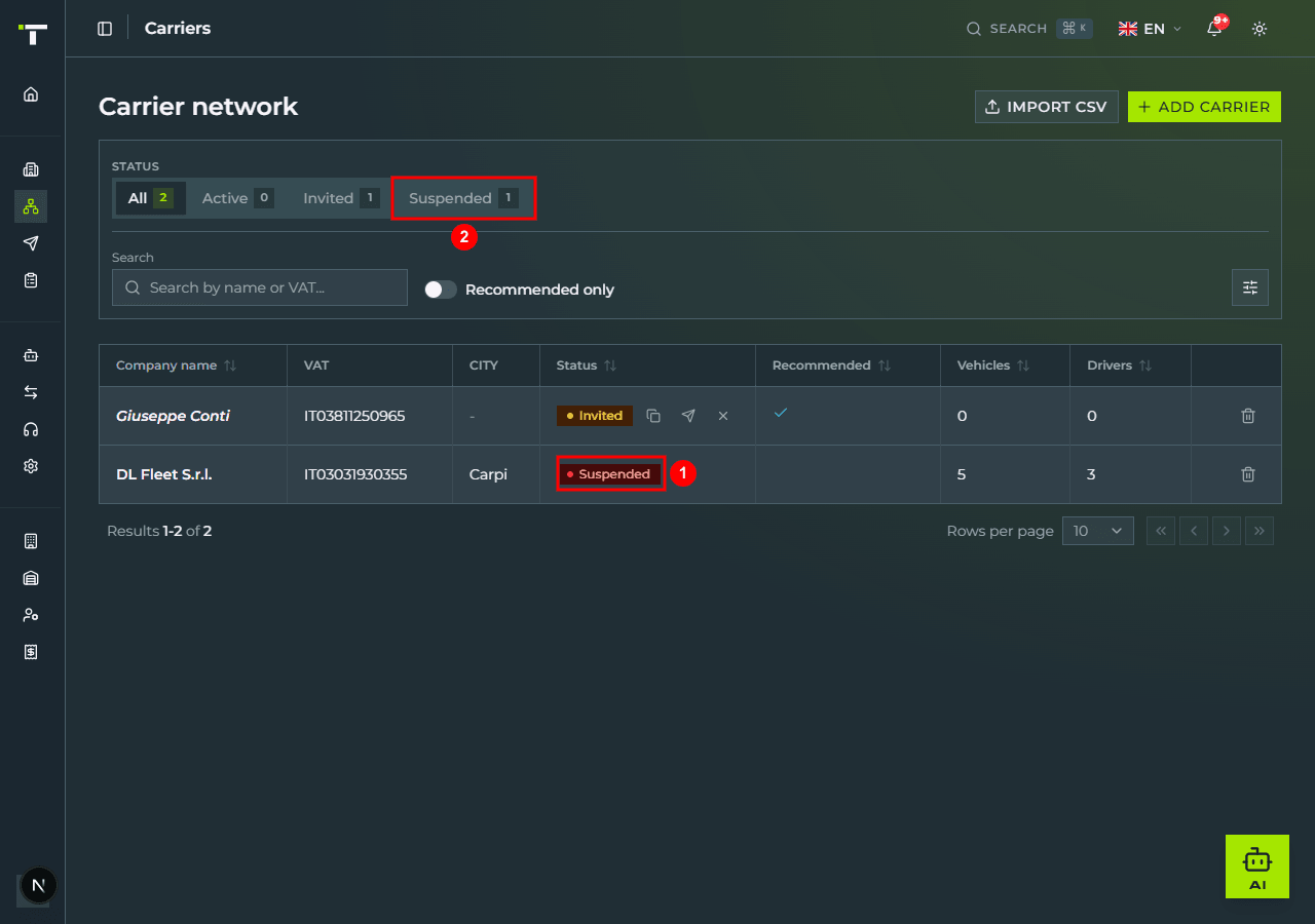 The «Carrier network» table after the report: the «DL Fleet S.r.l.» row shows the red «Suspended» badge and the «Suspended» status tab at the top has its counter at 1