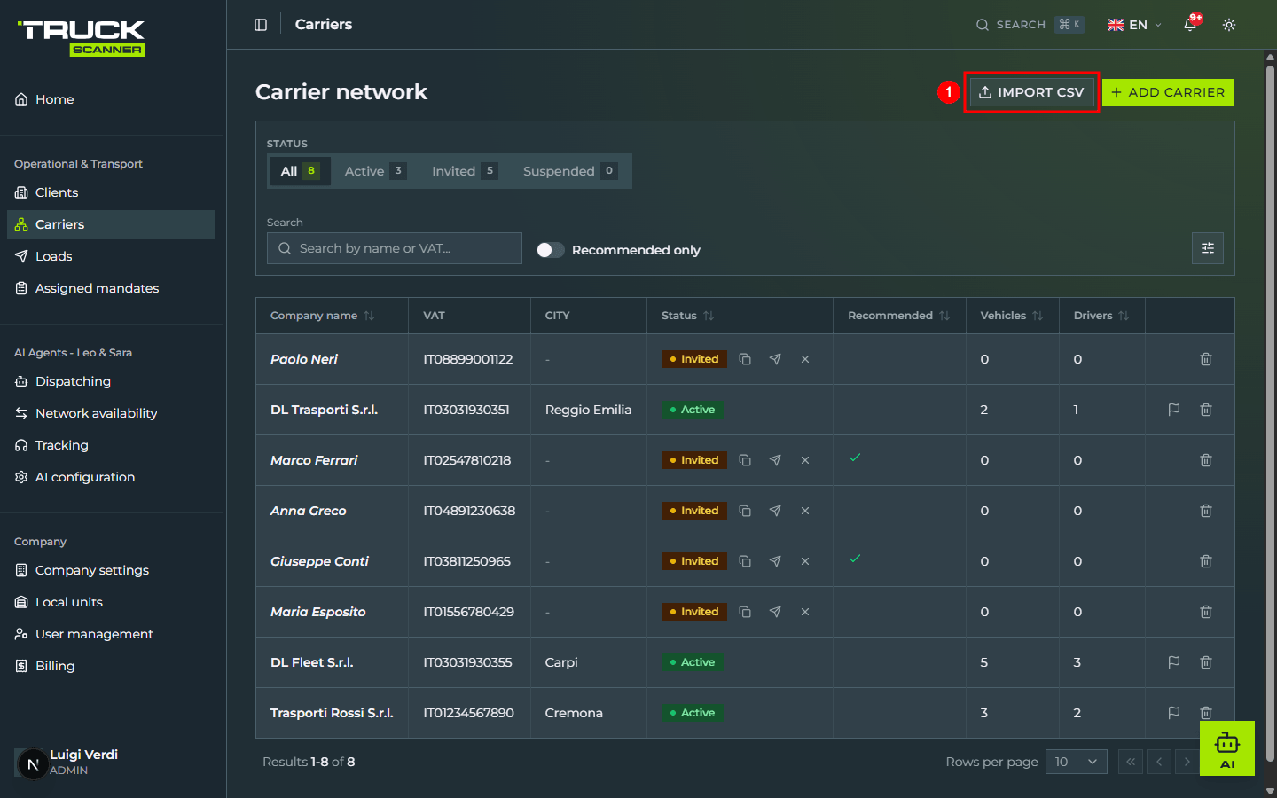 The «Carrier network» page with the «IMPORT CSV» button highlighted at the top right of the header, next to the lime «+ ADD CARRIER» button