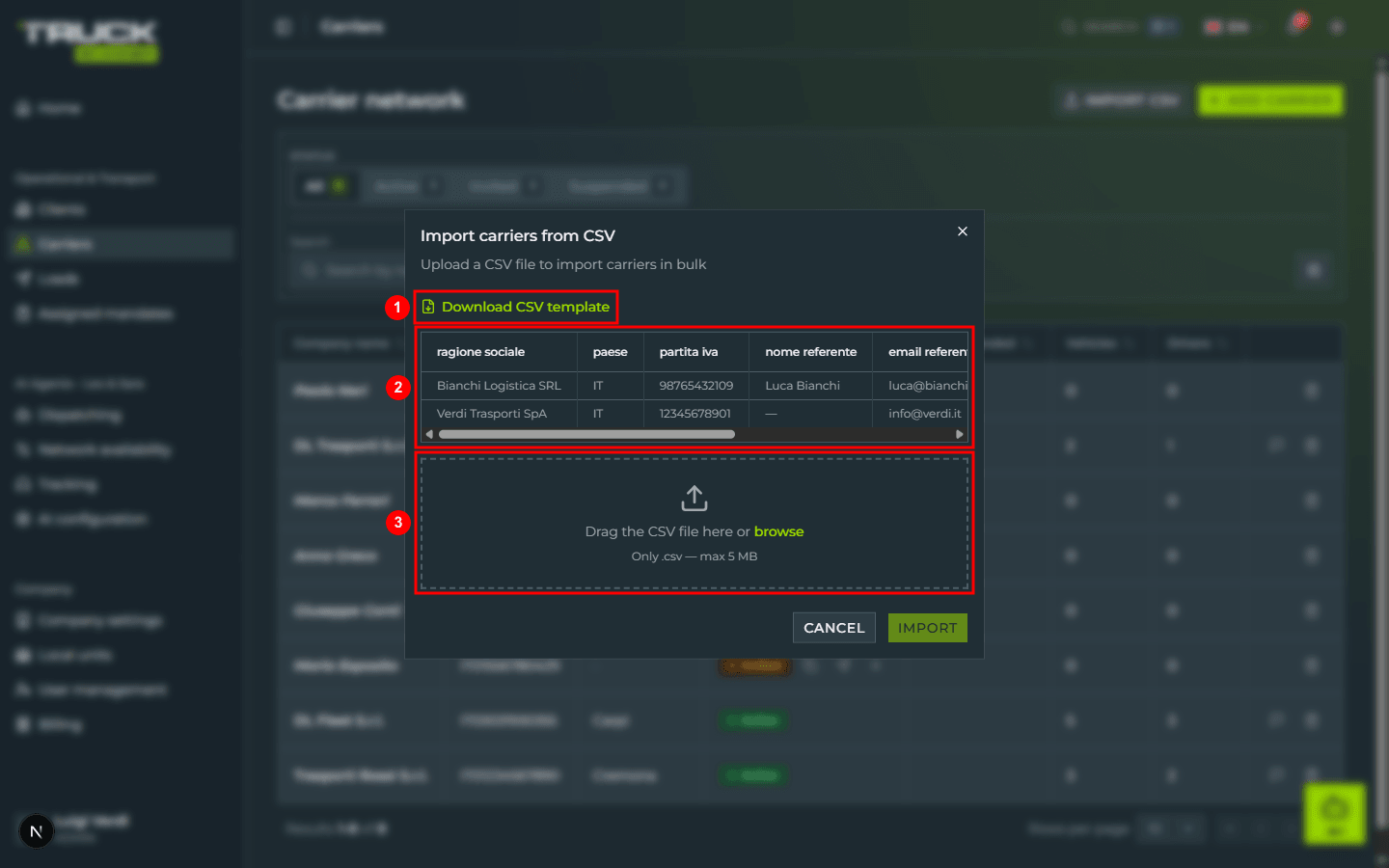 The «Import carriers from CSV» dialog with the «Download CSV template» link (1), the preview table of the template columns (2) and the file upload area (3) highlighted