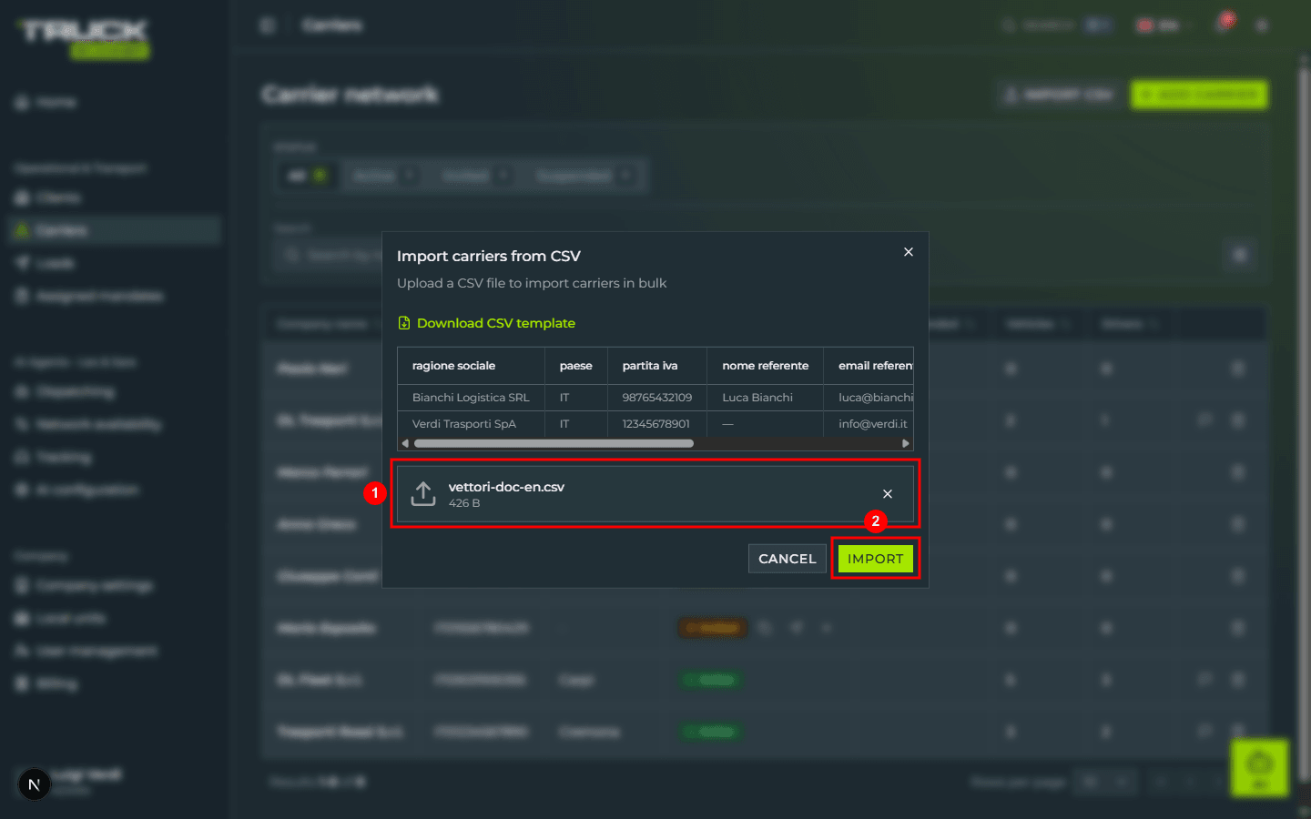 The import dialog with the «vettori-doc-en.csv» file selected and shown with name and size (1), and the lime «IMPORT» button now active (2)