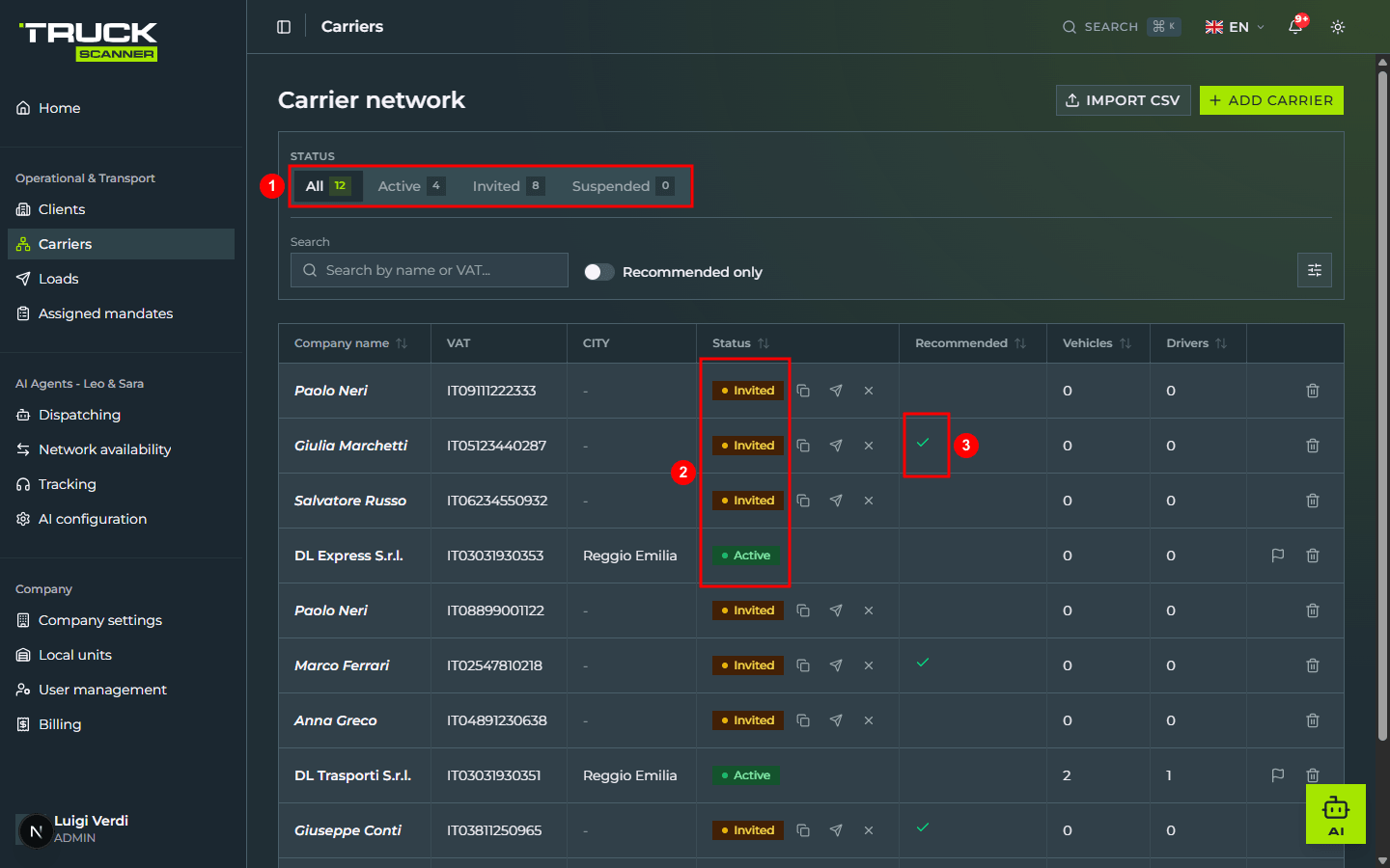 The «Carrier network» table after the import: the status tab counters have gone up (1), the «Status» column shows «Active» for the already-registered carrier and «Invited» for the others (2), and the «Recommended» column shows a tick on the vouched carrier (3)