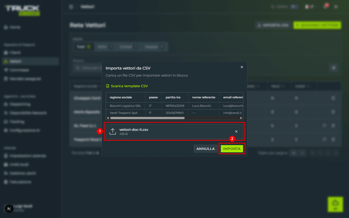 Il dialog di import con il file «vettori-doc-it.csv» selezionato e mostrato con nome e dimensione (1), e il bottone lime «IMPORTA» ora attivo (2)