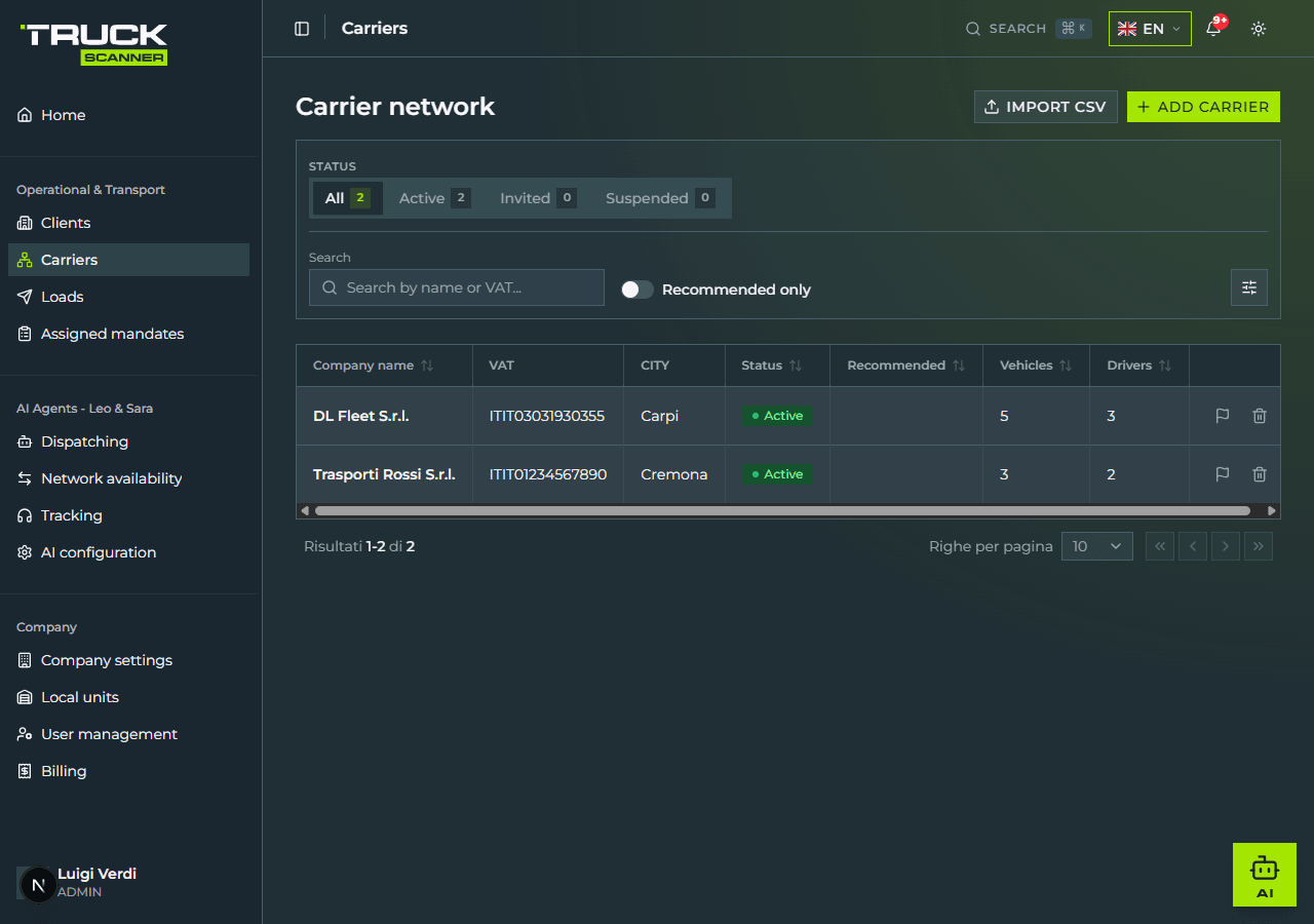 The «Carrier network» page: the «Carriers» menu entry highlighted in the left sidebar, top-right two buttons «IMPORT CSV» and «+ ADD CARRIER», and the «Status» tab bar with counters All / Active / Invited / Suspended