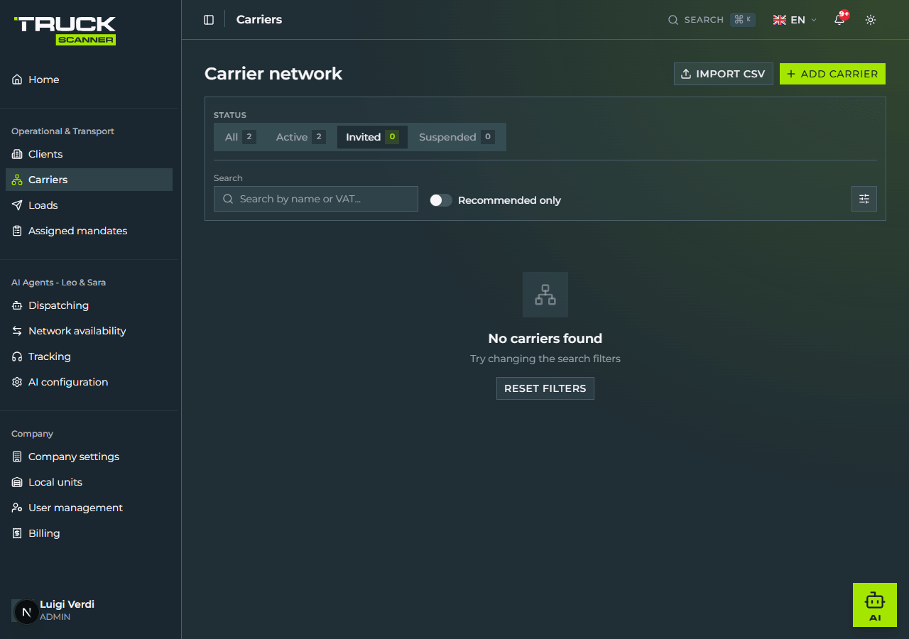 The «Carrier network» page with the «Invited» filter active: the highlighted tab at the top, counter «Invited 0» beside it, and the empty state at the centre «No carriers found — Try changing the search filters» with a «RESET FILTERS» button