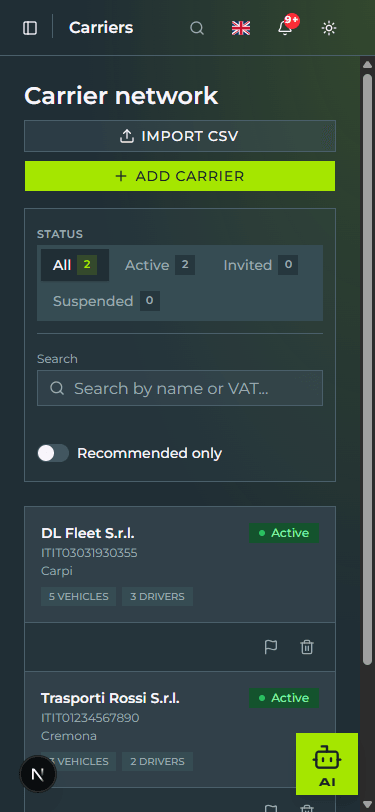 The «Carrier network» page at 375px viewport: «Carrier network» heading at the top, «IMPORT CSV» and «+ ADD CARRIER» buttons stacked vertically full-width, filter bar with «All / Active / Invited» tabs on the first row and «Suspended» on the second, search field, «Recommended only» toggle, and card list with DL Fleet S.r.l. + Trasporti Rossi S.r.l. (header with «Active» badge, VAT, city, chips «5 VEHICLES» / «3 DRIVERS», action footer with report and delete icons)