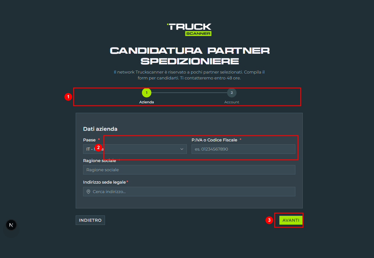 Step 1 della candidatura partner spedizioniere: progress bar a 2 step «Azienda» e «Account» (1), campo P.IVA o Codice Fiscale obbligatorio con select del paese (2), bottone «AVANTI» in basso a destra (3)