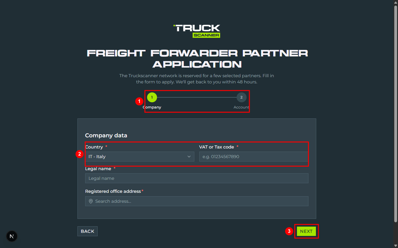 Step 1 of the freight forwarder partner application: 2-step progress bar «Company» and «Account» (1), required «VAT or Tax code» field with country selector (2), «NEXT» button at the bottom right (3)