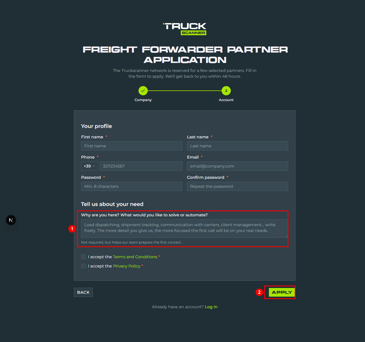 Step 2 of the application: profile form (First name, Last name, Phone, Email, Password, Confirm password), «Why are you here? What would you like to solve or automate?» textarea (1), terms and privacy consents, final CTA «APPLY» button (2)