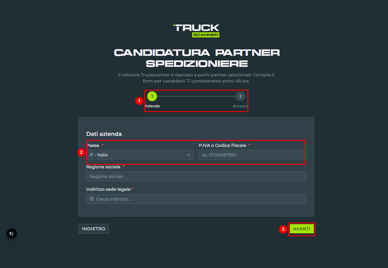 Step 1 della candidatura partner spedizioniere: progress bar a 2 step «Azienda» e «Account» (1), campo P.IVA o Codice Fiscale obbligatorio con select del paese (2), bottone «AVANTI» in basso a destra (3)