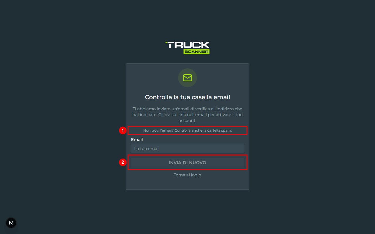 La pagina /verify-email con l'avviso spam (1) e il bottone «INVIA DI NUOVO» (2) per richiedere una nuova mail di verifica con cooldown di 60 secondi