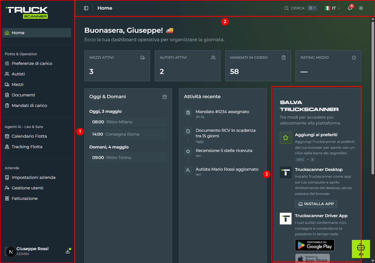 Home company carrier dopo aver chiuso il dialog: sidebar a sinistra con logo Truckscanner, voci «Home», gruppo «Flotta & Operativo», gruppo «Agenti AI - Leo & Sara», gruppo «Azienda» e profilo utente in basso (1); header sottile in alto con bottone hamburger, titolo «Home», bottone «CERCA ⌘ K», language switcher, campanella notifiche e theme toggle (2); card «SALVA TRUCKSCANNER» sempre visibile nella colonna destra della home (3)