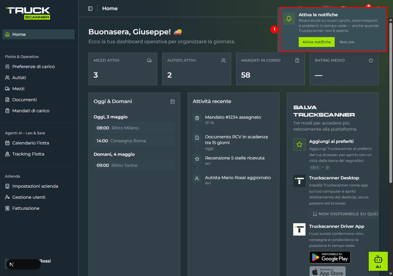 Toast «Attiva le notifiche» (1) ancorato in alto a destra sopra l'header della home: icona campanella, titolo brandizzato, descrizione e due bottoni «Attiva notifiche» (lime) e «Non ora» (testo)