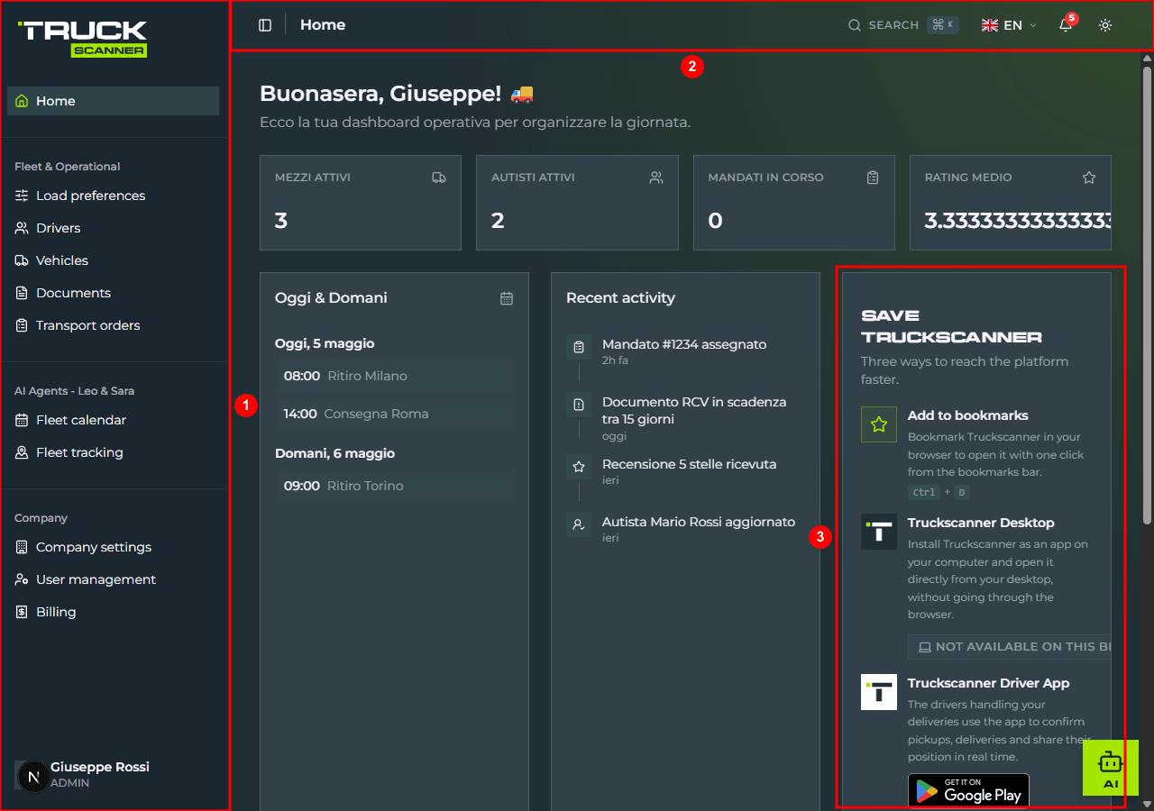 Carrier company home after dismissing the dialog: sidebar on the left with Truckscanner logo, «Home» item, «Fleet & Operations» group, «AI Agents - Leo & Sara» group, «Company» group and user profile at the bottom (1); thin header on top with hamburger button, «Home» title, «SEARCH ⌘ K» button, language switcher, notification bell and theme toggle (2); «SAVE TRUCKSCANNER» card always visible in the right column of the home (3)