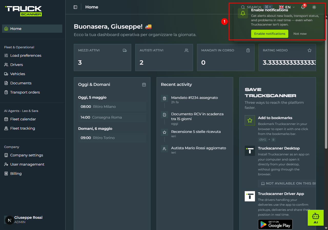 «Enable notifications» toast (1) anchored in the top right corner above the home header: bell icon, branded title, description and two buttons «Enable notifications» (lime) and «Not now» (text)