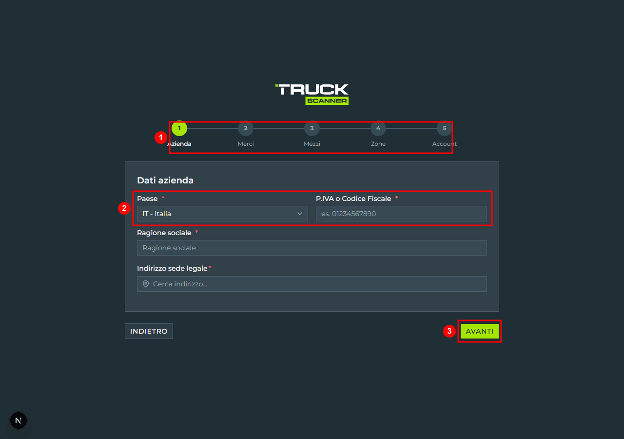 Step 0 Azienda della registrazione vettore: progress bar a 5 step «Azienda · Merci · Mezzi · Zone · Account» (1), campo P.IVA con select del paese (2), bottone «AVANTI» in basso a destra (3)
