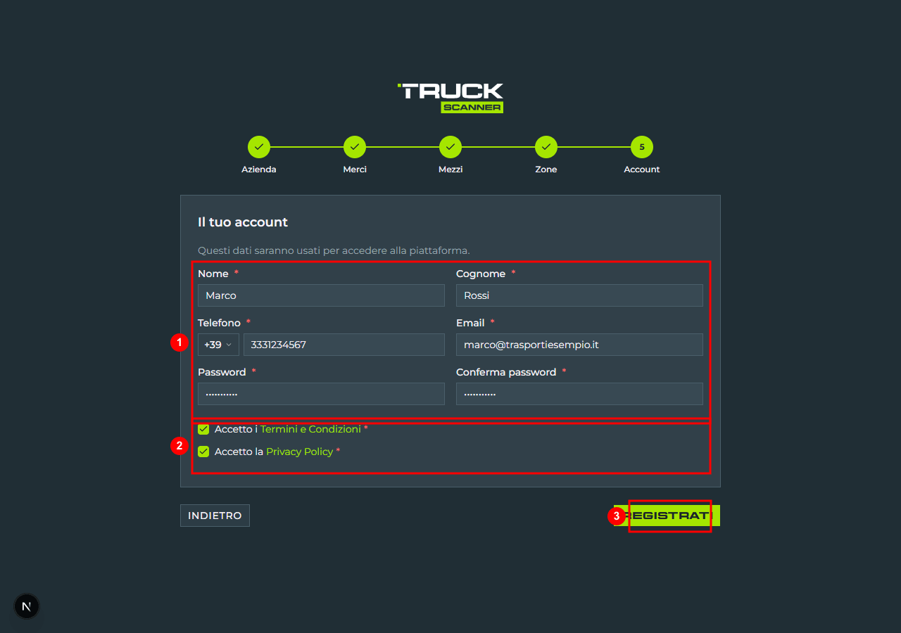 Step 4 Account della registrazione vettore: form con Nome, Cognome, Telefono con prefisso paese, Email, Password (Min. 8 caratteri) e Conferma password (1), checkbox dei consensi Termini e Privacy (2), bottone CTA finale «REGISTRATI» in basso a destra (3)