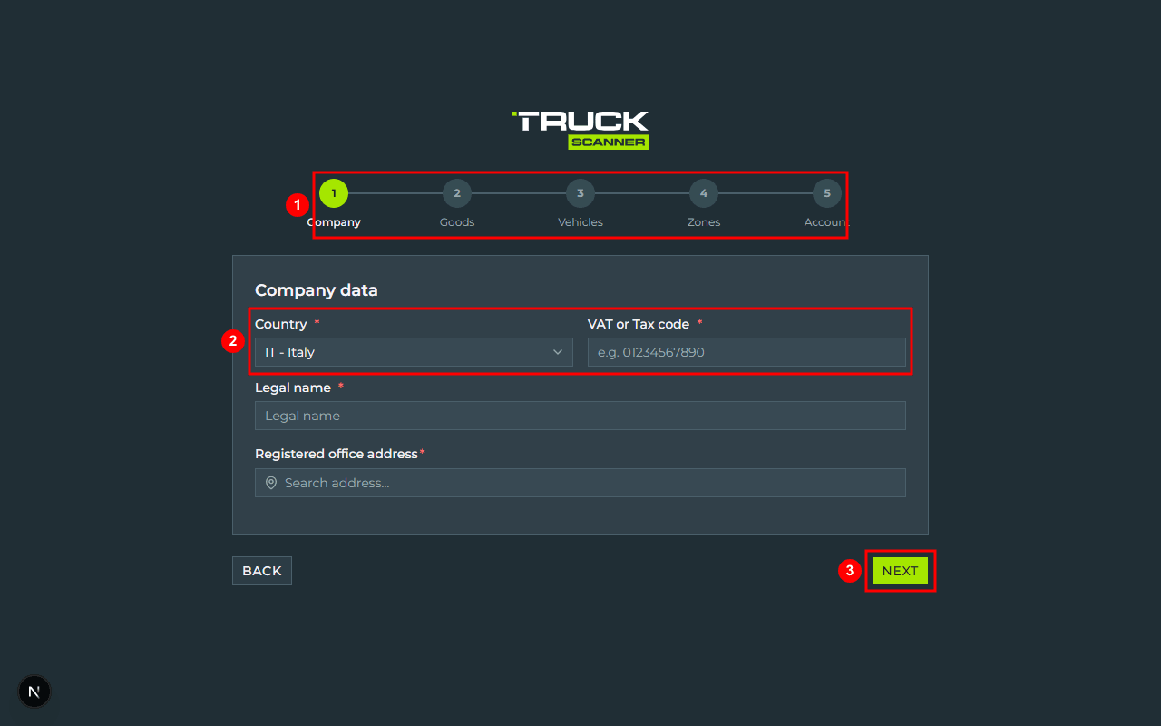 Step 0 Company of carrier registration: 5-step progress bar «Company · Goods · Vehicles · Zones · Account» (1), VAT field with country selector (2), «NEXT» button at the bottom right (3)