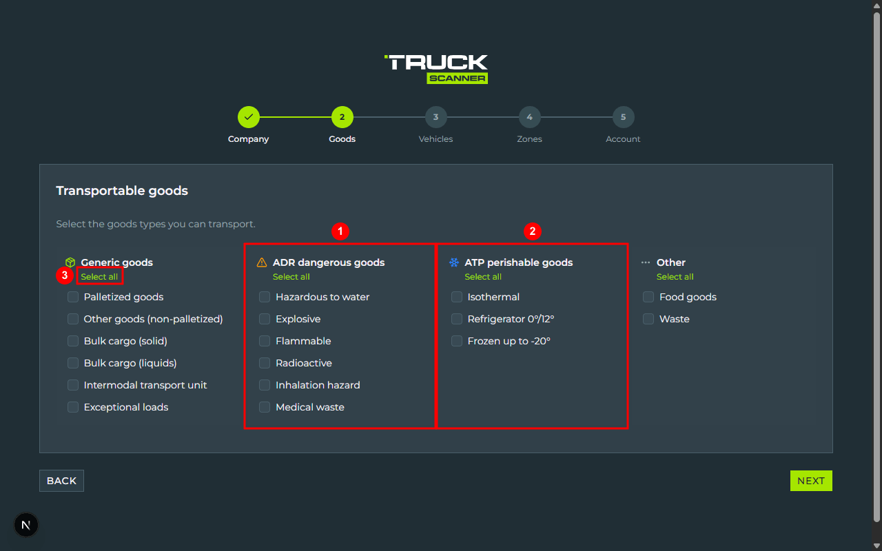 Step 1 Goods of carrier registration: the four grouped boxes «Generic goods», «ADR dangerous goods» with yellow triangle icon (1), «ATP perishable goods» with blue snowflake icon (2), «Other», each with a «Select all» link (3)