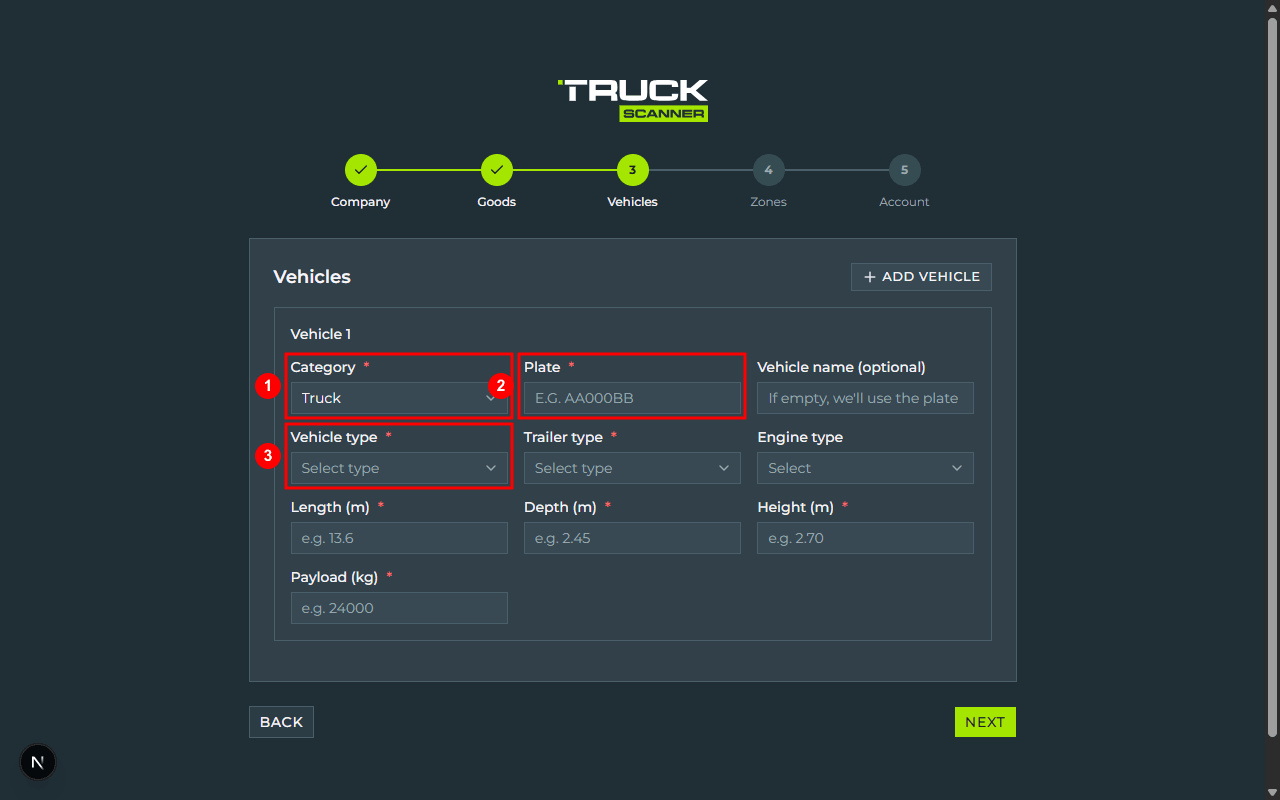 Step 2 Vehicles of carrier registration: card of the first vehicle with the «Category» select (1), «Plate» field with placeholder «e.g. AA000BB» (2), «Vehicle type» select (3), and the four numeric fields Length/Depth/Height/Payload at the bottom