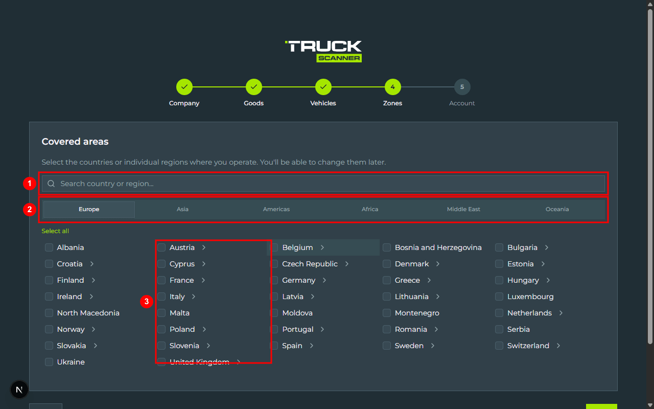 Step 3 Zones of carrier registration: search bar with magnifier icon (1), continent tabs «Europe · Asia · Americas · Africa · Middle East · Oceania» (2), country grid with checkboxes and an expandable chevron for regions (3)