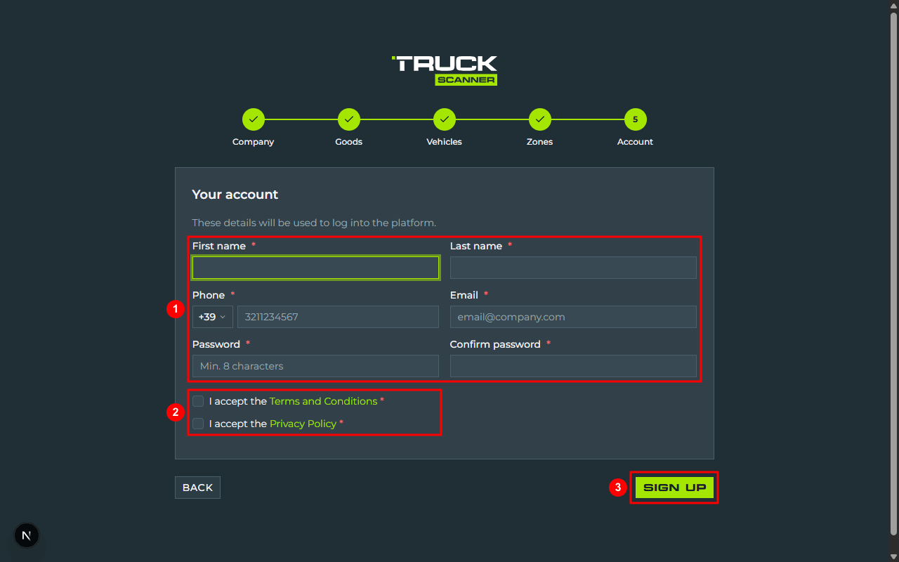 Step 4 Account of carrier registration: form with First name, Last name, Phone with country prefix, Email, Password (Min. 8 characters) and Confirm password (1), Terms and Privacy consent checkboxes (2), final CTA «SIGN UP» button at the bottom right (3)