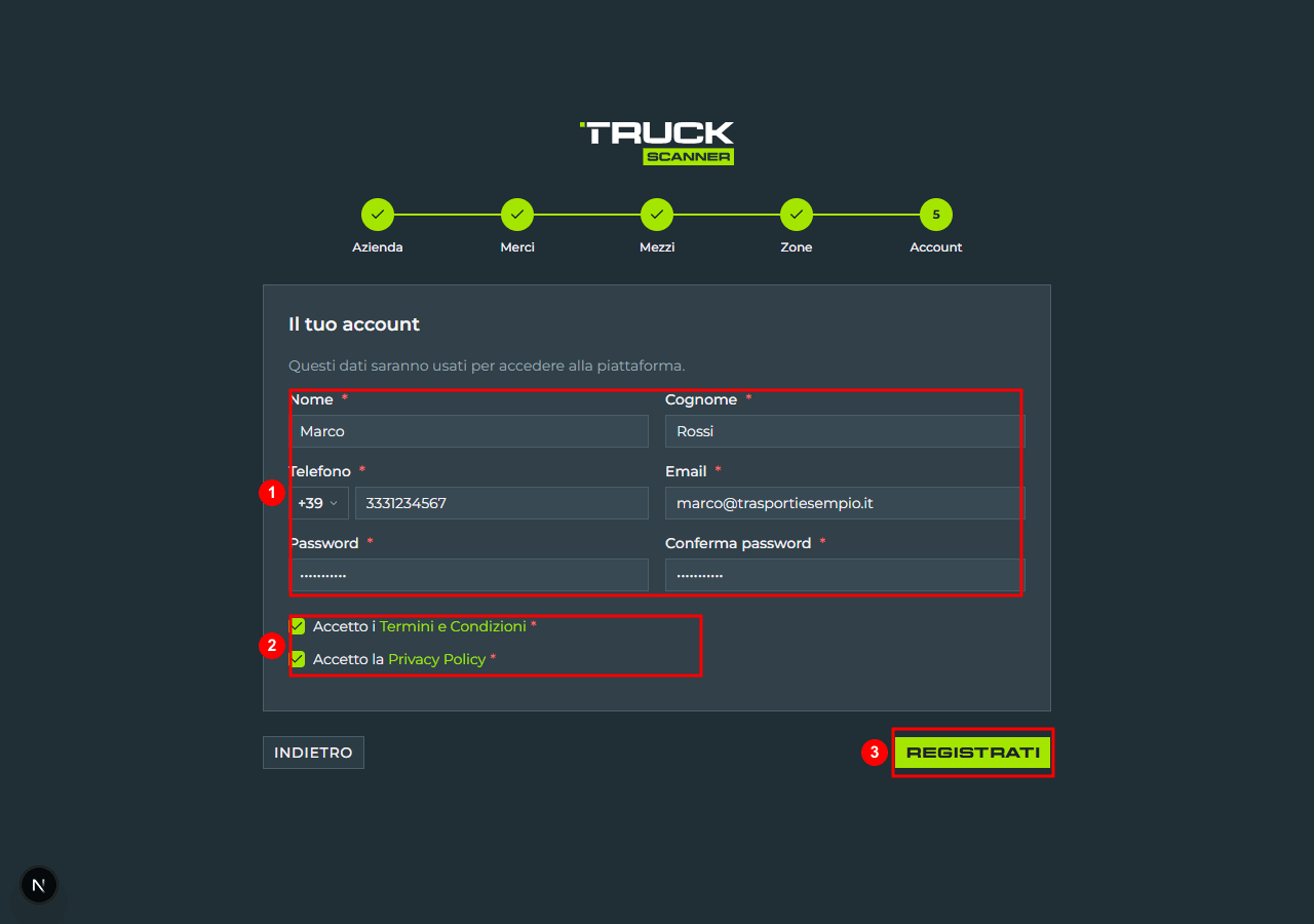 Step 4 Account della registrazione vettore: form con Nome, Cognome, Telefono con prefisso paese, Email, Password (Min. 8 caratteri) e Conferma password (1), checkbox dei consensi Termini e Privacy (2), bottone CTA finale «REGISTRATI» in basso a destra (3)